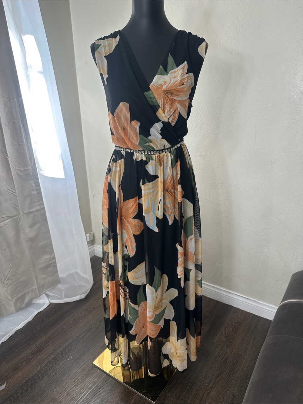 Black Floral Maxi Dress with Peach Blooms and Beaded Waist